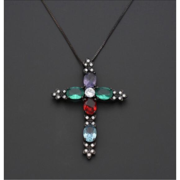 MULTI COLOR STONE CROSS PENDANT NECKLACE 18-20” ADJUSTABLE STANDARD SZ. - Picture 3 of 7